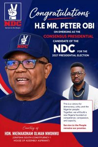 Hon. Nke Akonam OLMAN congratulatory message to His Excellency, Mr. Peter Obi on His emergence as NDC Presidential candidate